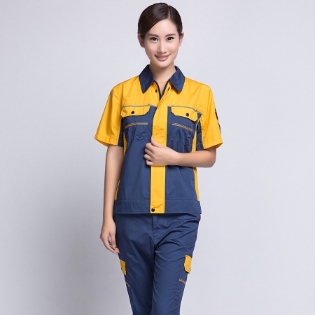 蟹青拼黄色短袖工作服-3