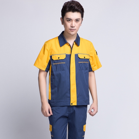 蟹青拼黄色短袖工作服-2