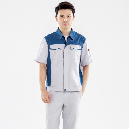 米白拼浅绿色夏季工作服-2